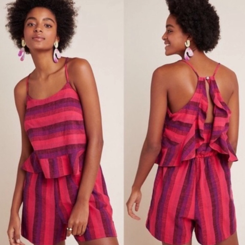 ANTHROPOLOGIE AMADI Red Plaid Striped Linen Romper XS